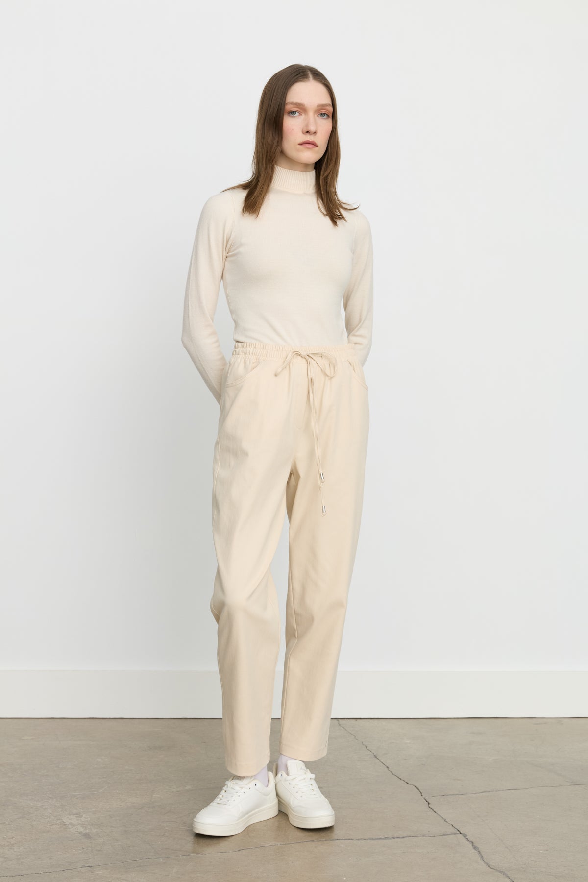 Elasticated Waist Canvas Carrot Denim Trousers - Cream