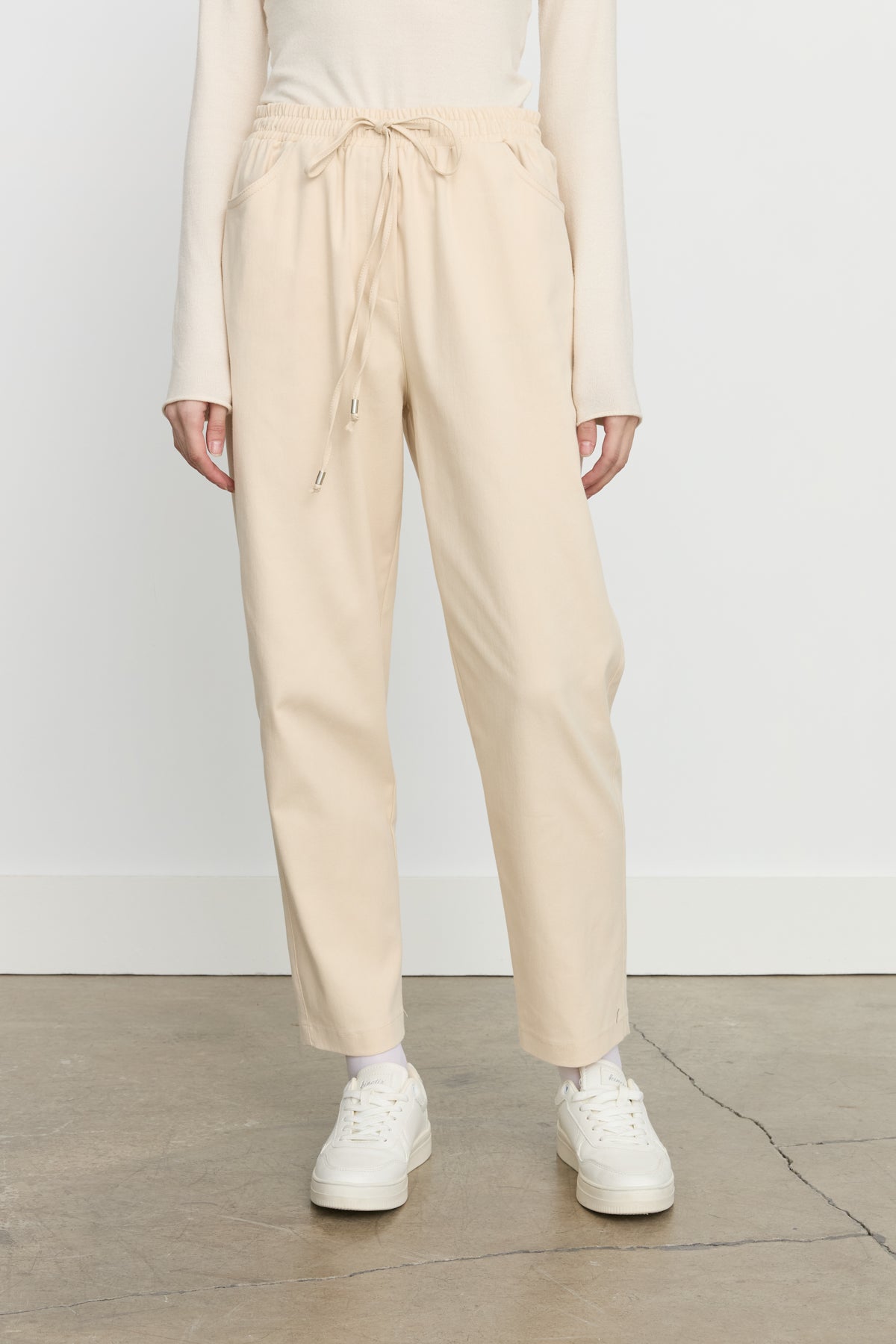 Elasticated Waist Canvas Carrot Denim Trousers - Cream