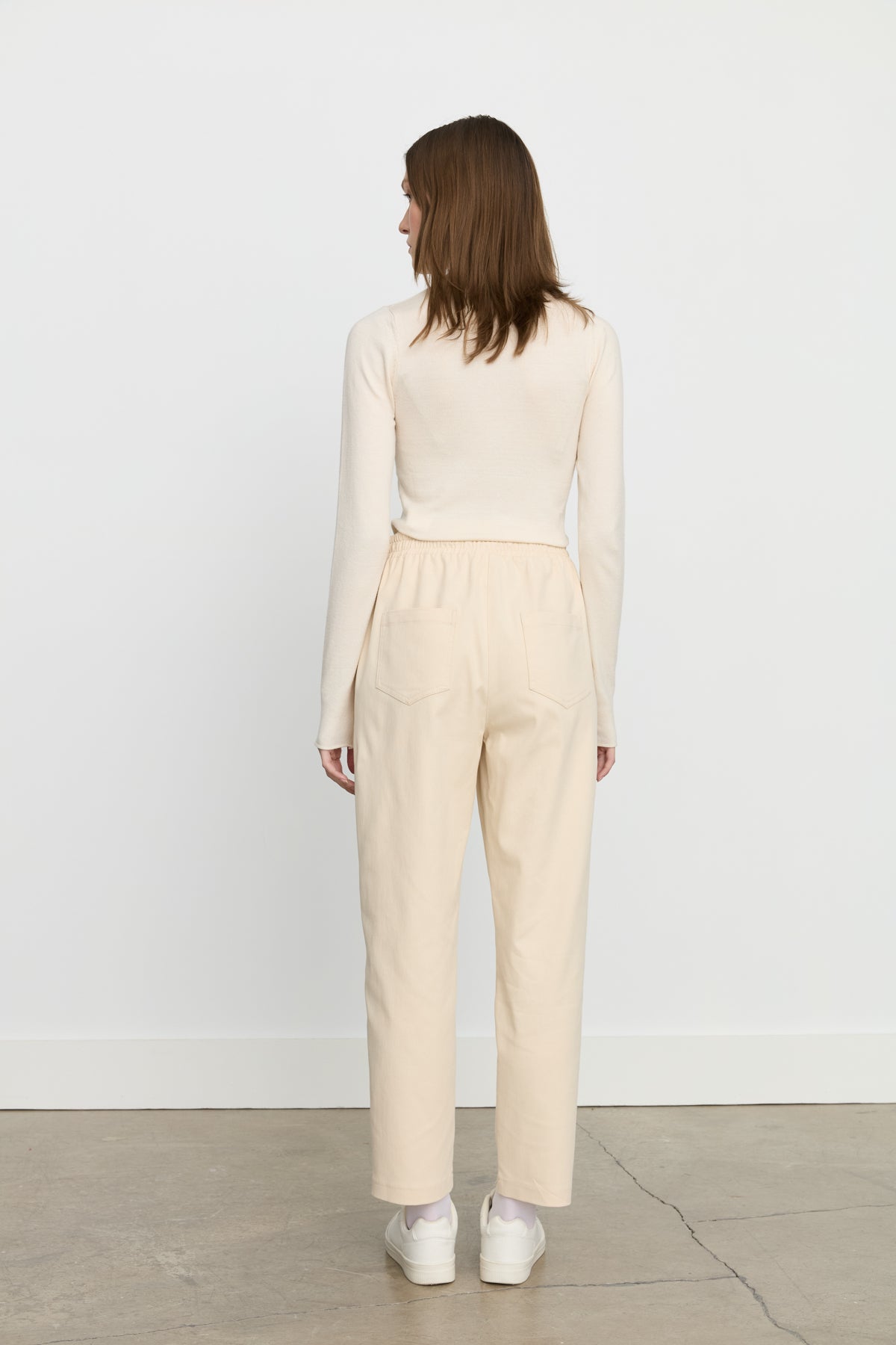 Elasticated Waist Canvas Carrot Denim Trousers - Cream