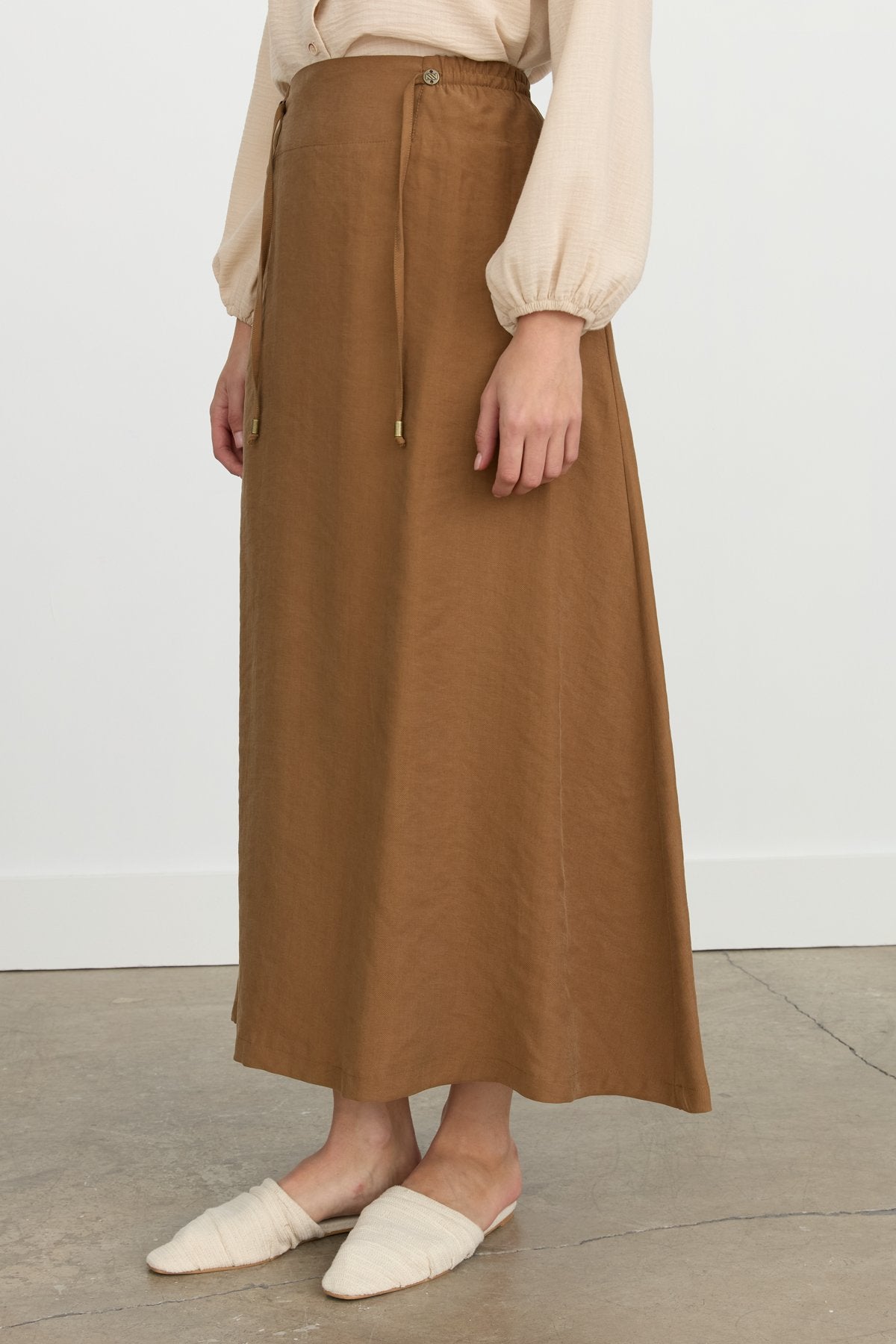 Elastic Waist Flared Tencel Skirt - Light Brown