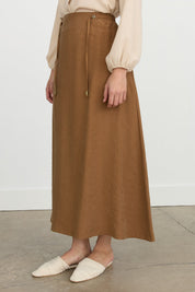 Elastic Waist Flared Tencel Skirt - Light Brown