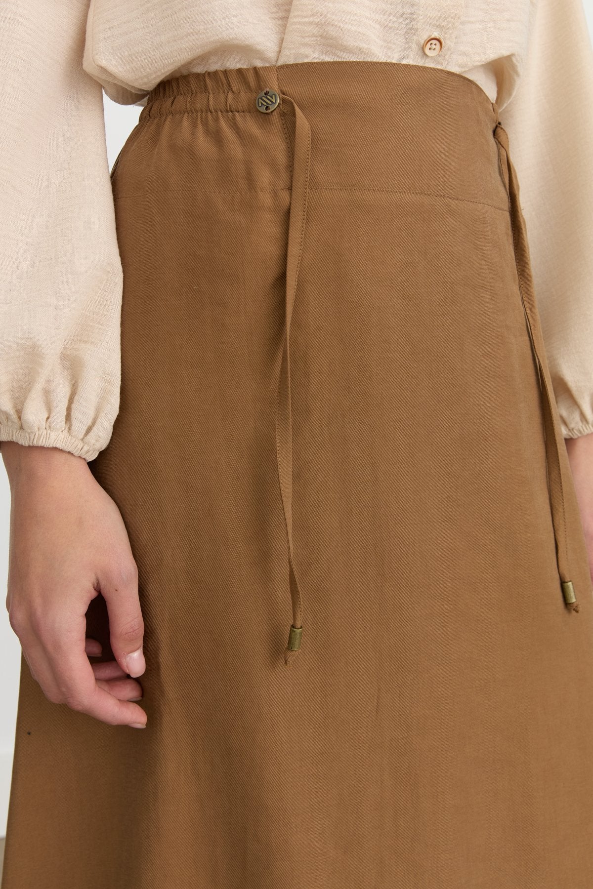 Elastic Waist Flared Tencel Skirt - Light Brown