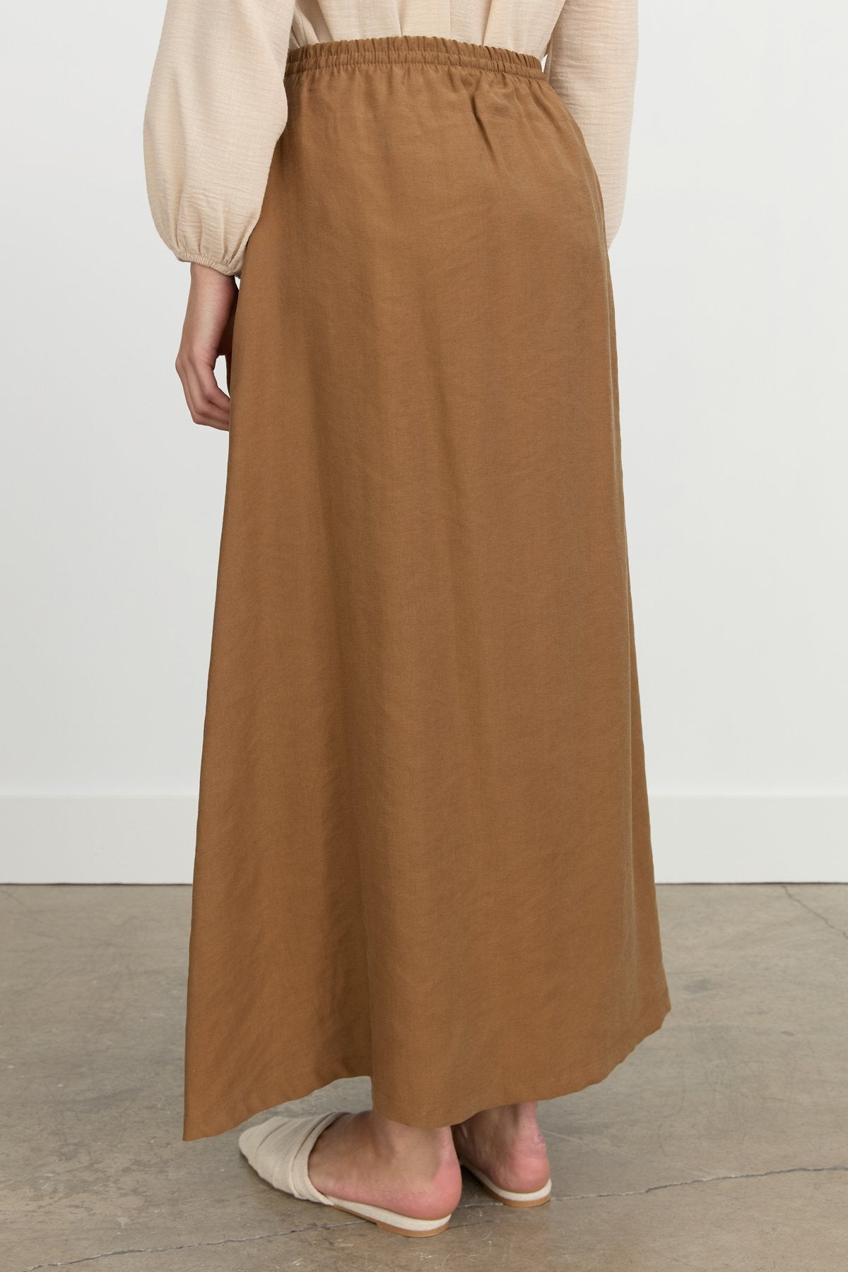 Elastic Waist Flared Tencel Skirt - Light Brown