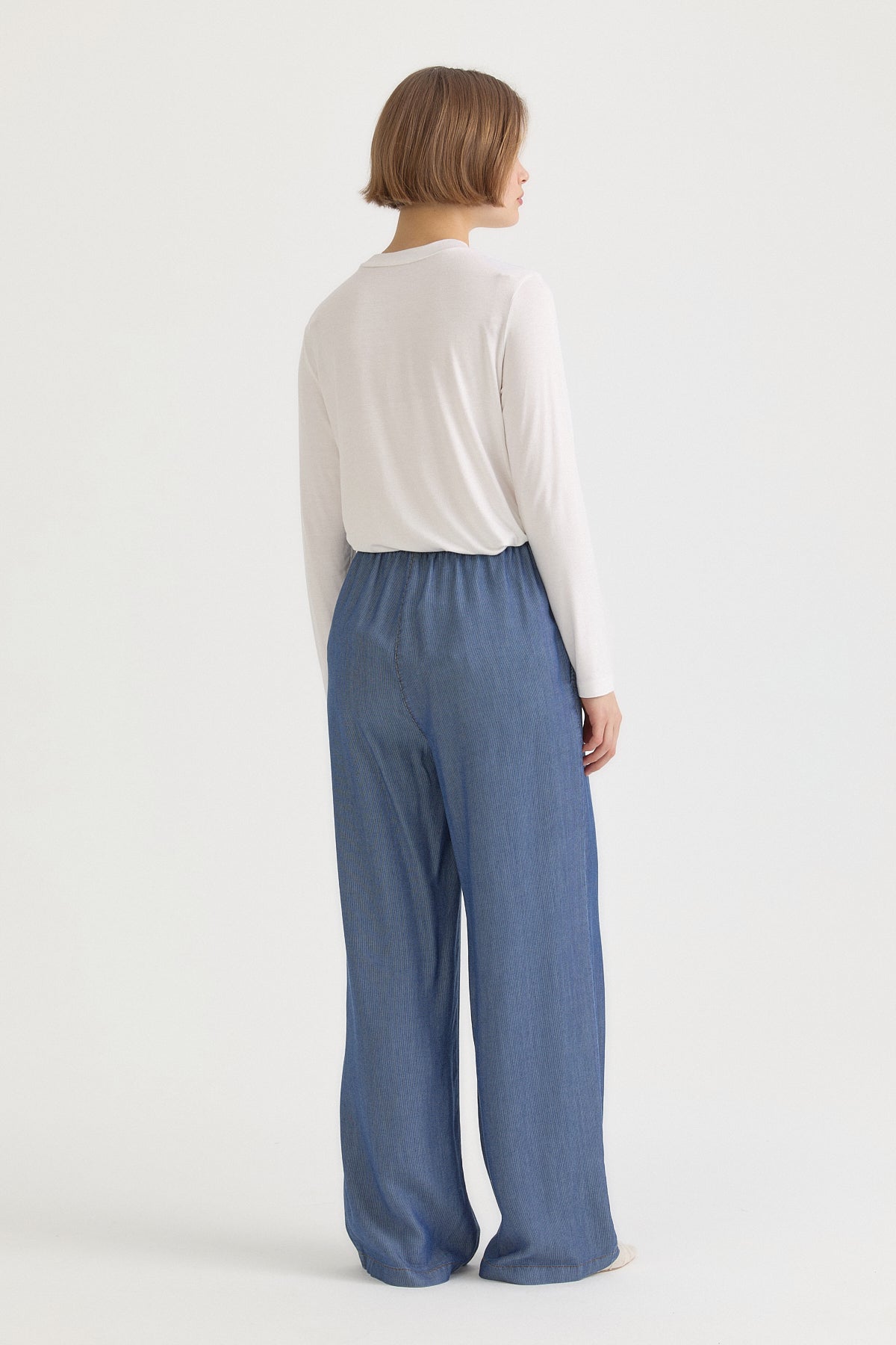 Elastic Waist Lyocell Wide Leg Pants - Indigo
