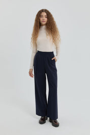 Modal Pleated Trousers with Elastic Waistband - Navy Blue