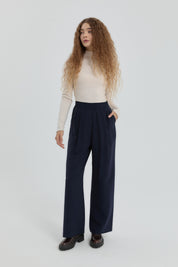 Modal Pleated Trousers with Elastic Waistband - Navy Blue