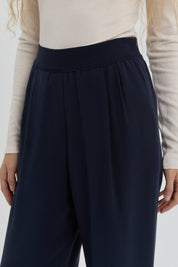 Modal Pleated Trousers with Elastic Waistband - Navy Blue