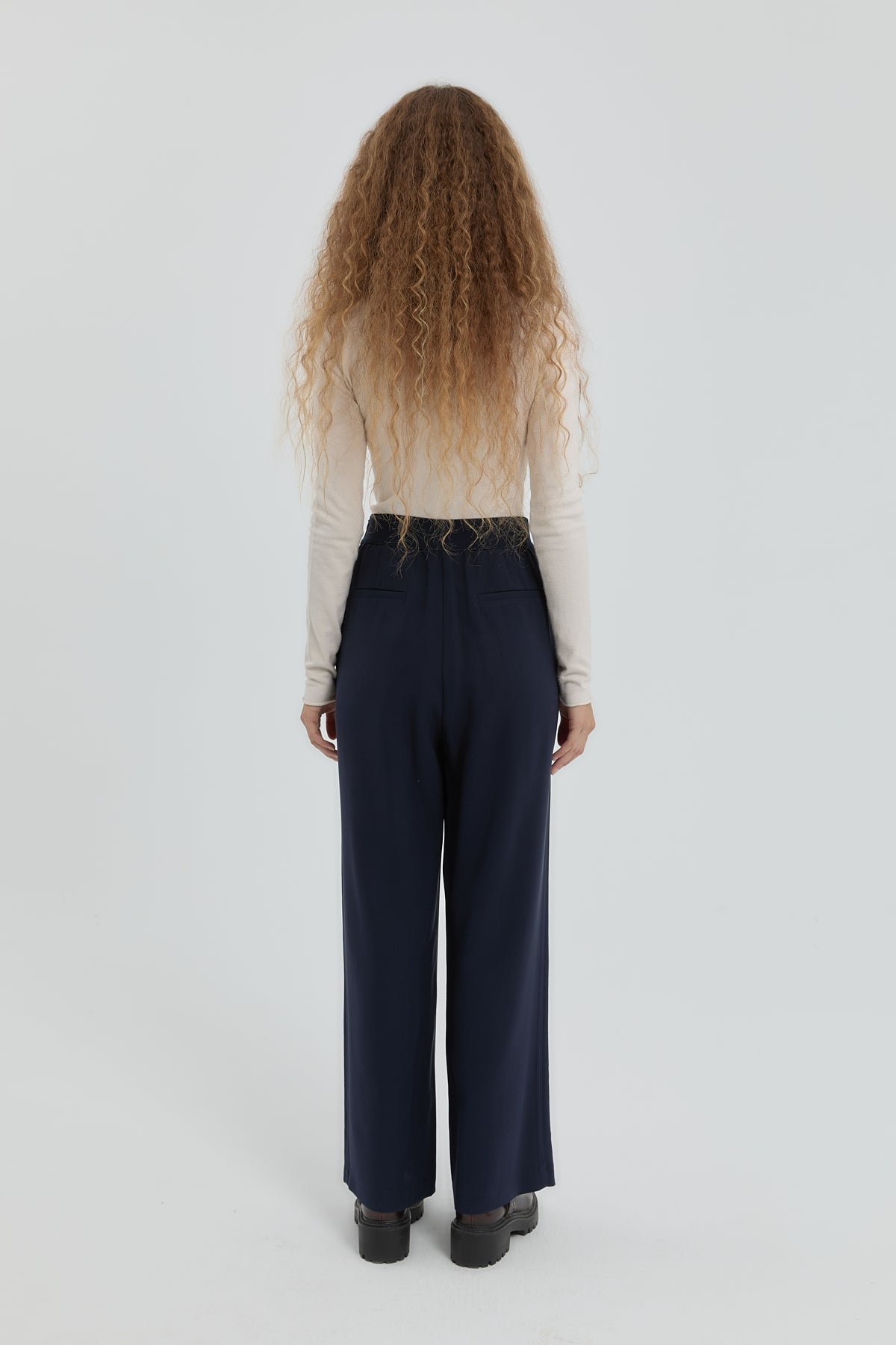Modal Pleated Trousers with Elastic Waistband - Navy Blue