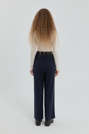 Modal Pleated Trousers with Elastic Waistband - Navy Blue