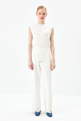 Loose Knitted Trousers with Elastic Waistband - Ecru