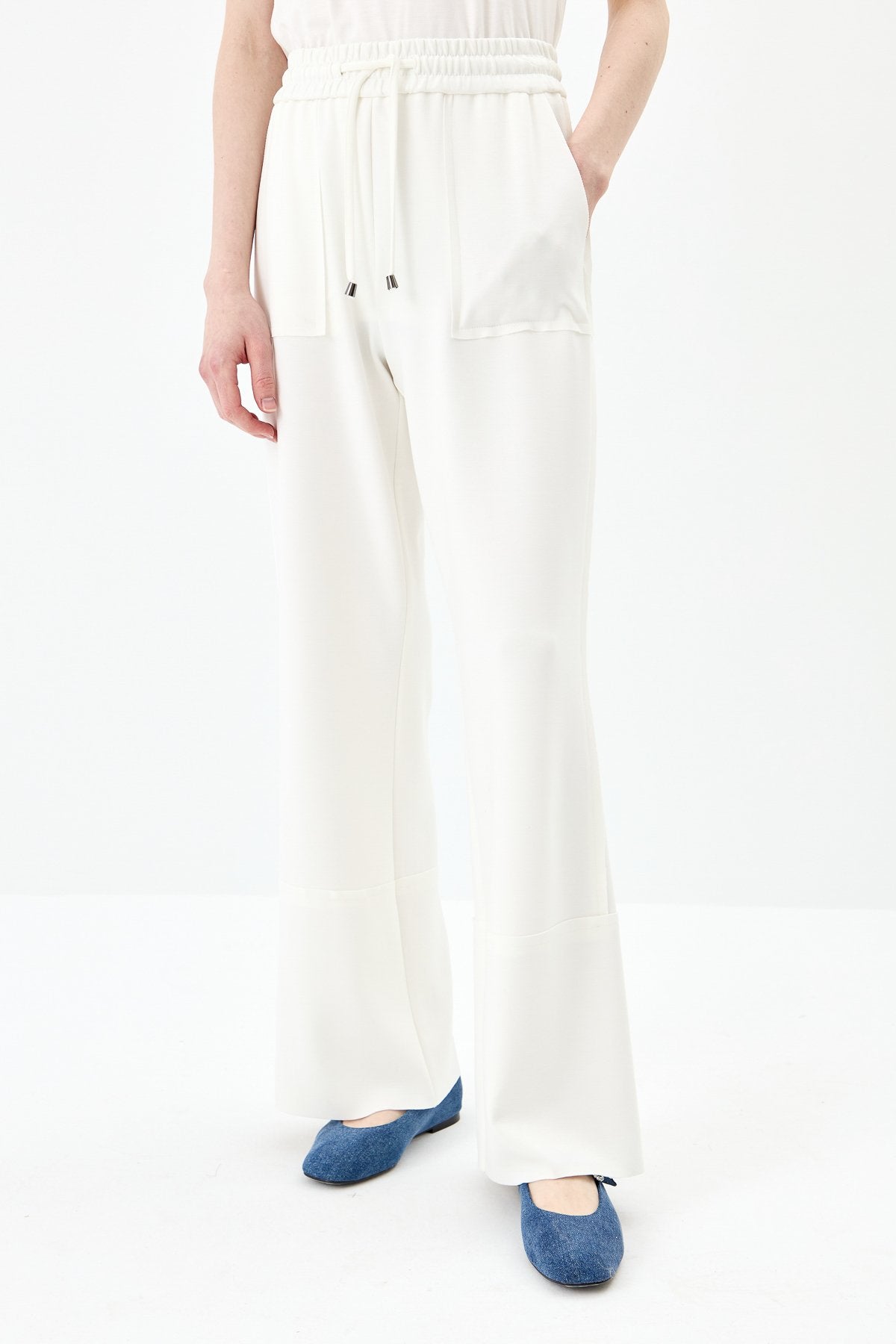 Loose Knitted Trousers with Elastic Waistband - Ecru