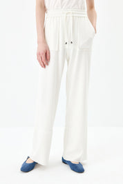 Loose Knitted Trousers with Elastic Waistband - Ecru