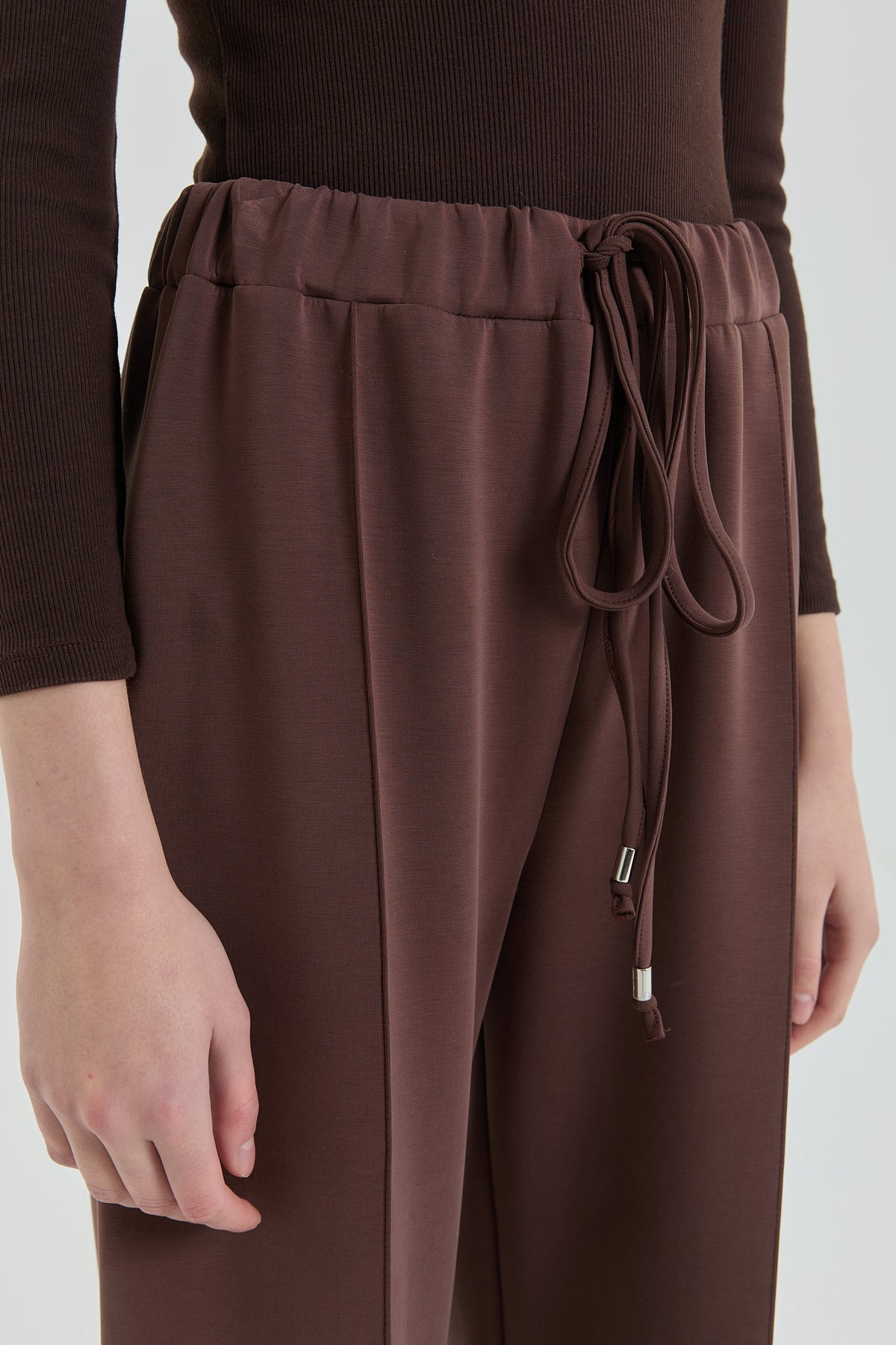 Beli Lastikli Örme Bol Pantolon - Kahve