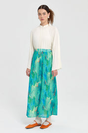 Elastic Waist Pleated Skirt - Cyan