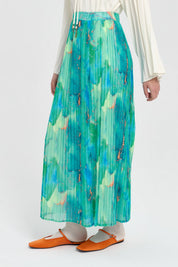 Elastic Waist Pleated Skirt - Cyan