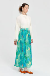 Elastic Waist Pleated Skirt - Cyan