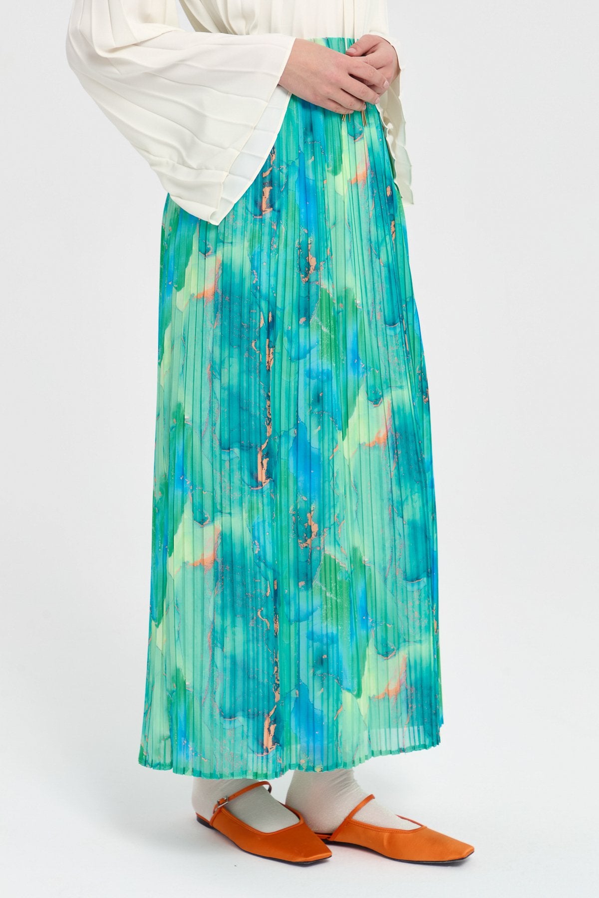 Elastic Waist Pleated Skirt - Cyan