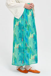 Elastic Waist Pleated Skirt - Cyan