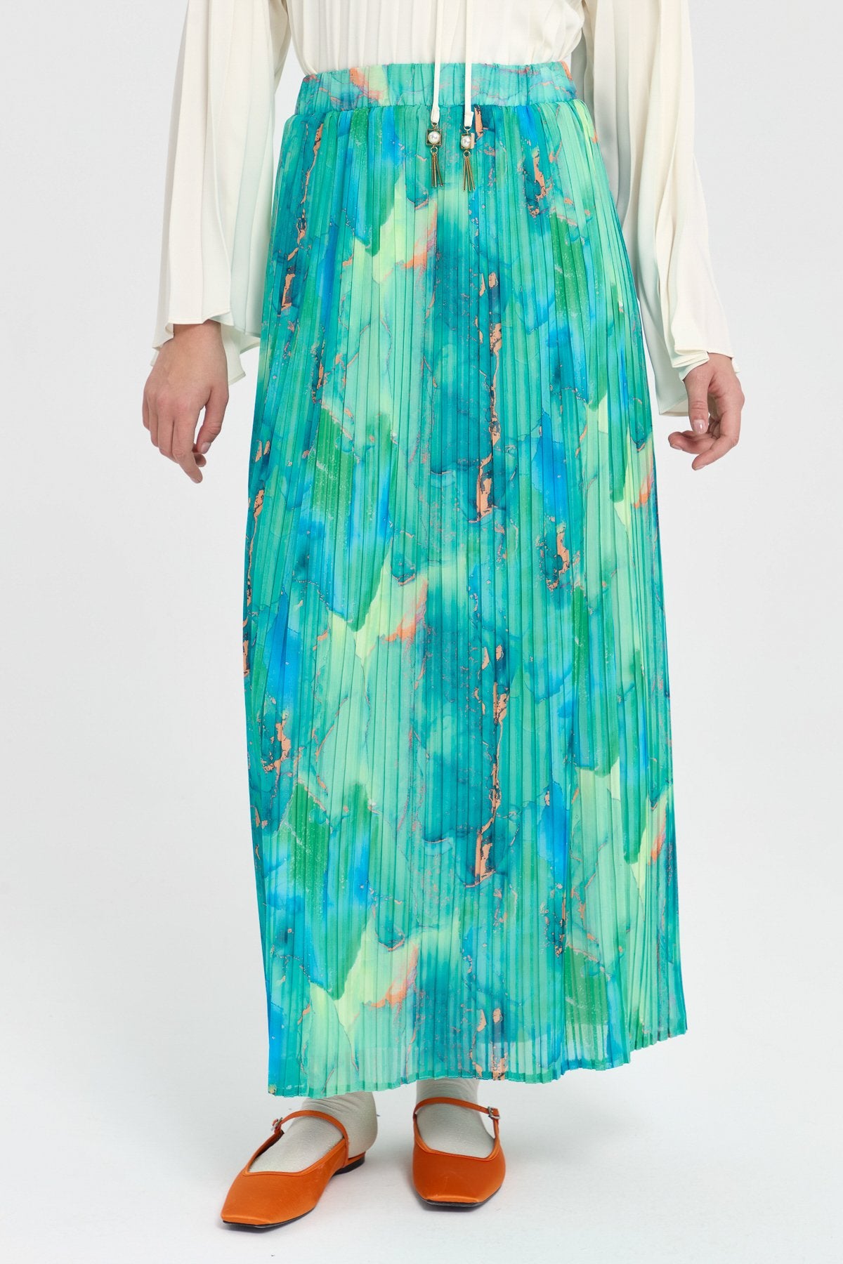 Elastic Waist Pleated Skirt - Cyan
