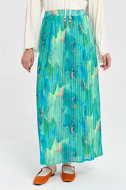 Elastic Waist Pleated Skirt - Cyan