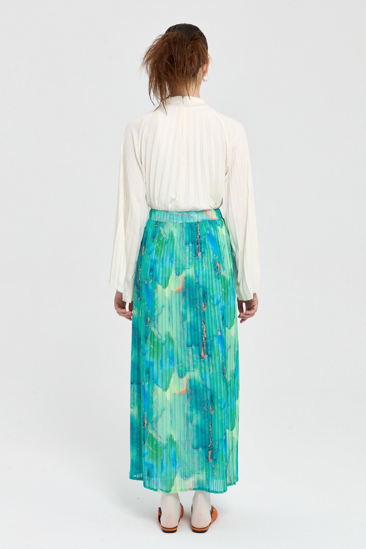 Elastic Waist Pleated Skirt - Cyan