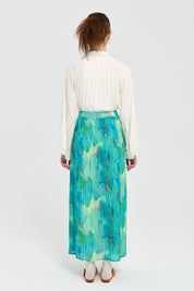 Elastic Waist Pleated Skirt - Cyan