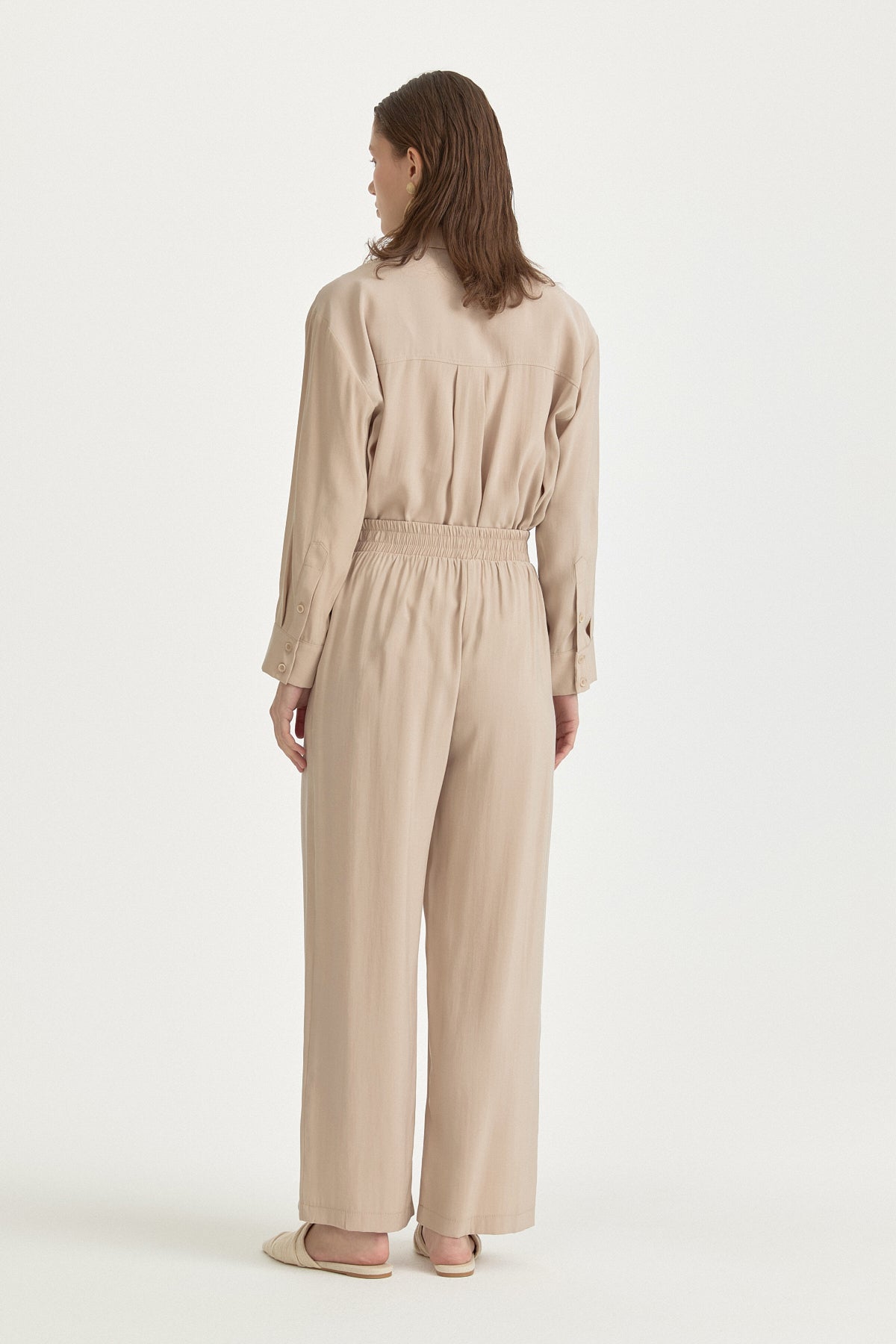 Loose Fit Modal Trousers with Elastic Waist - Mink