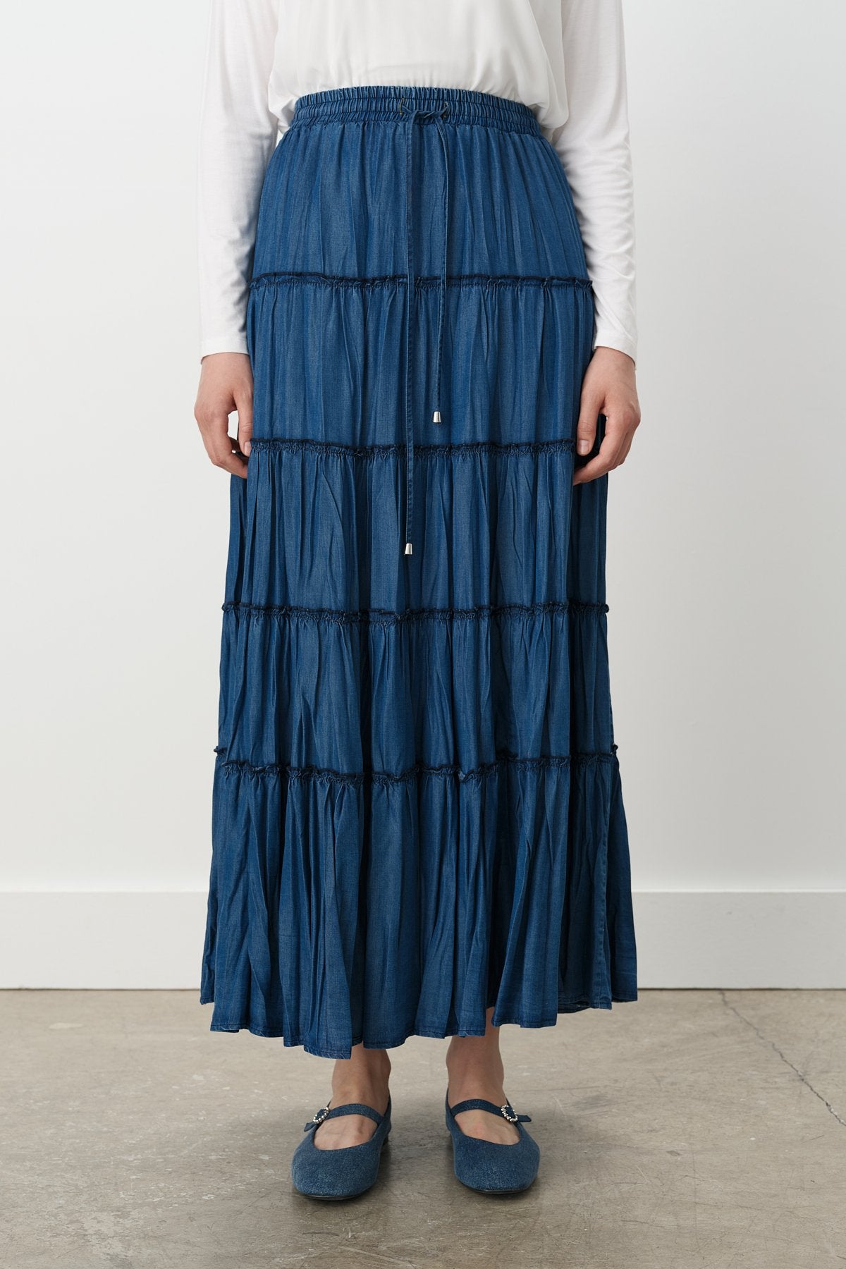 Beli Lastikli Tencel Çingene Etek - İndigo