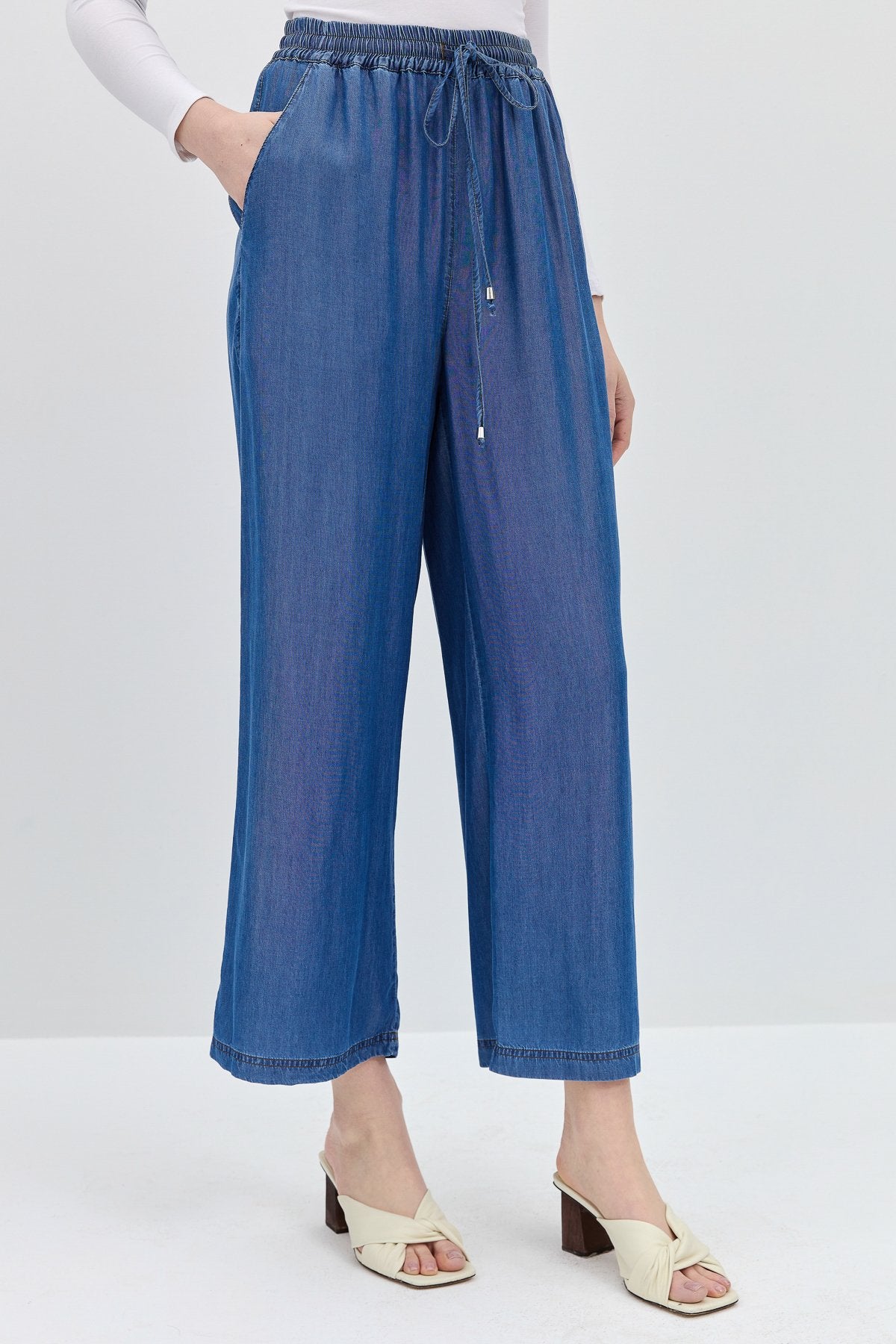 Beli Lastikli Tencel Pantolon - İndigo