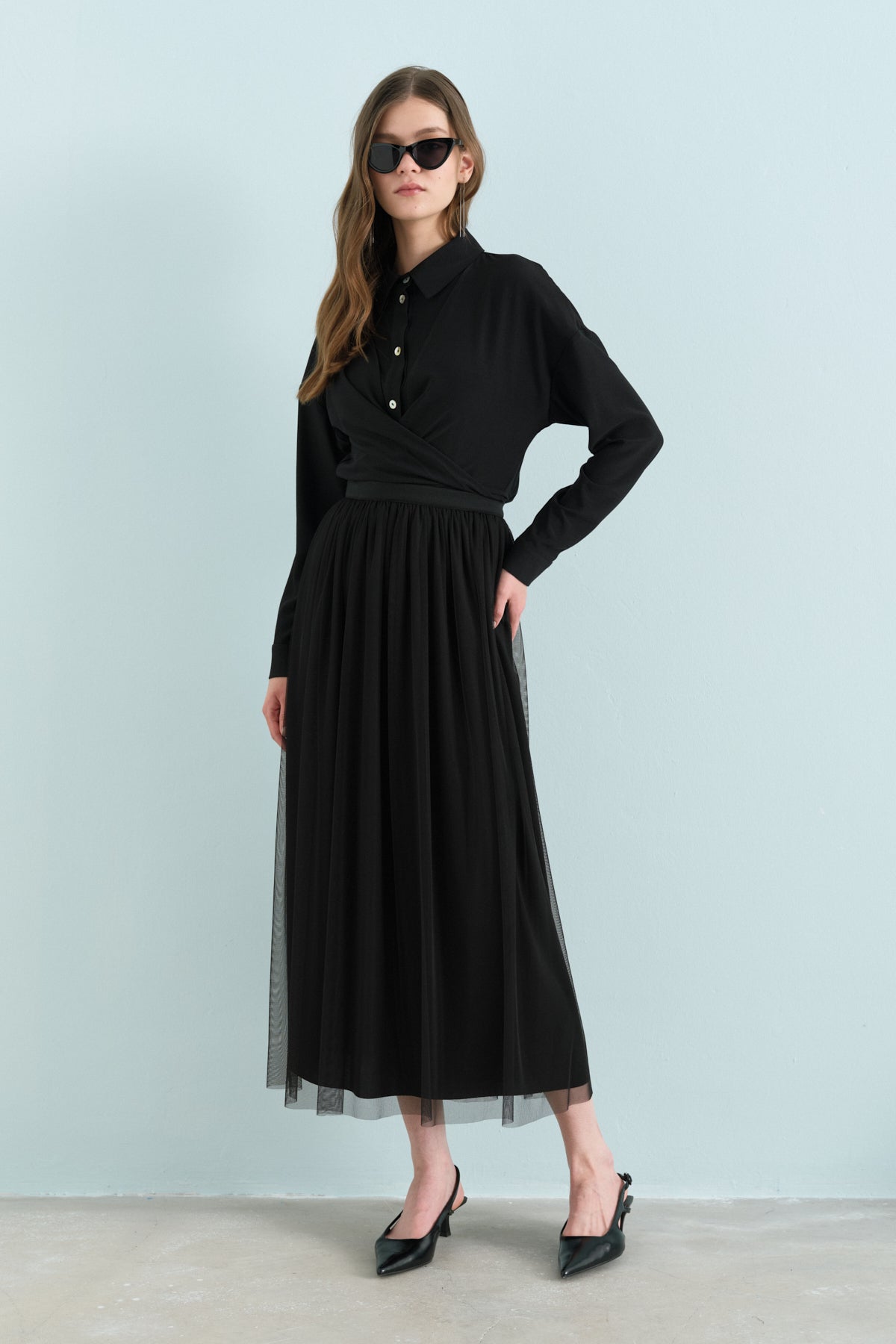 Shirred Waist Tulle Tutu Skirt - Black