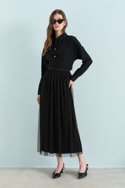 Shirred Waist Tulle Tutu Skirt - Black