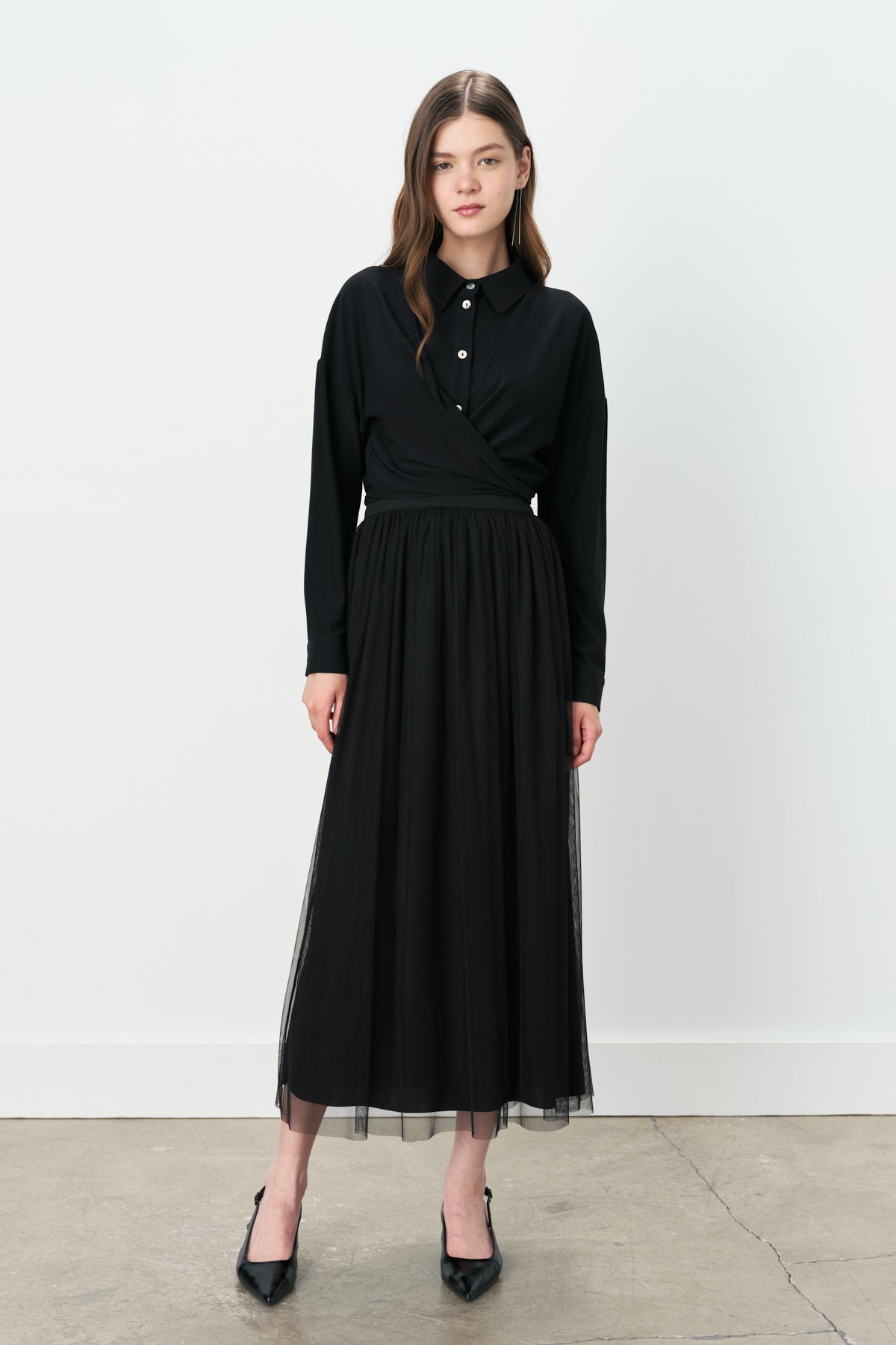 Shirred Waist Tulle Tutu Skirt - Black