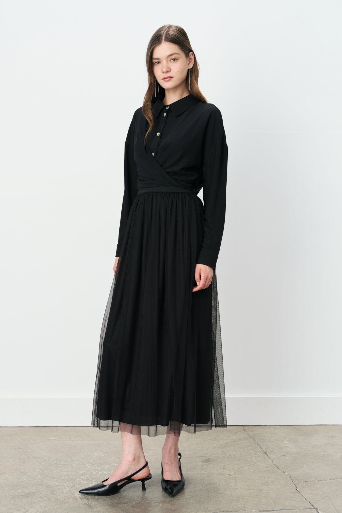 Shirred Waist Tulle Tutu Skirt - Black