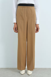 Beli Lastikli Ütü İzli Bol Paça Pantolon - Camel
