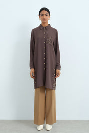 Wide-leg trousers with elasticated waist and crease detail - Camel