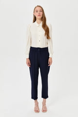 Elasticated Waist, Ironed Grip Carrot Trousers - Navy Blue
