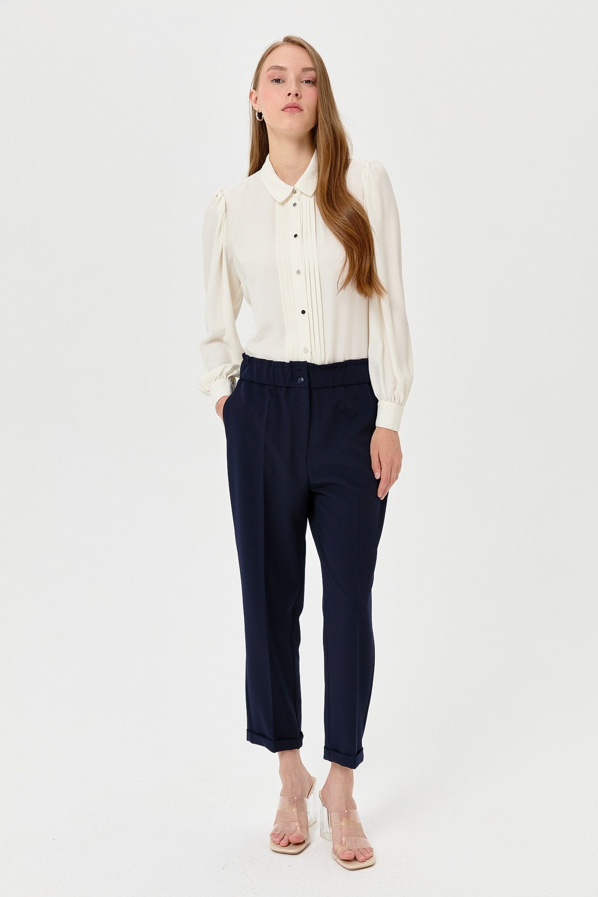 Elasticated Waist, Ironed Grip Carrot Trousers - Navy Blue