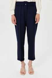 Elasticated Waist, Ironed Grip Carrot Trousers - Navy Blue