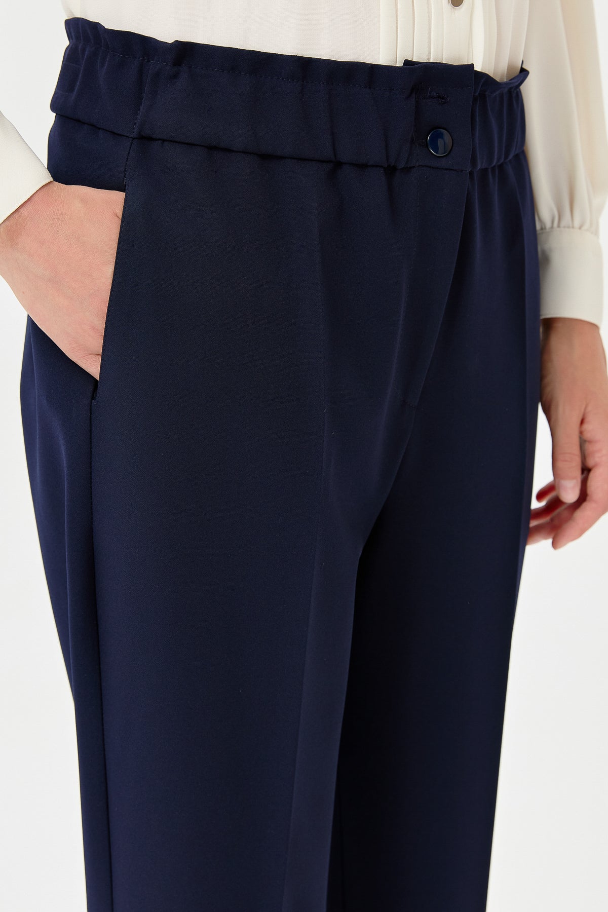 Elasticated Waist, Ironed Grip Carrot Trousers - Navy Blue