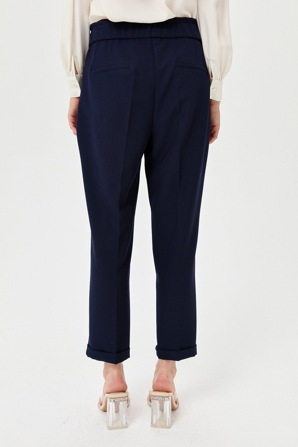Elasticated Waist, Ironed Grip Carrot Trousers - Navy Blue