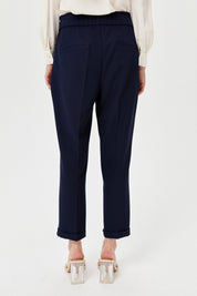Elasticated Waist, Ironed Grip Carrot Trousers - Navy Blue