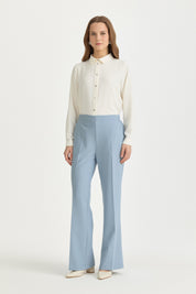 Basic Viscose Trousers with Elasticated Waist and Creases - Light Blue