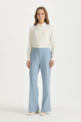Basic Viscose Trousers with Elasticated Waist and Creases - Light Blue