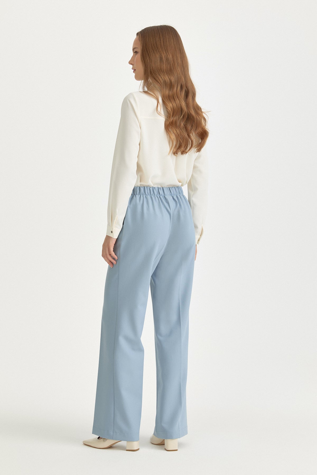 Basic Viscose Trousers with Elasticated Waist and Creases - Light Blue