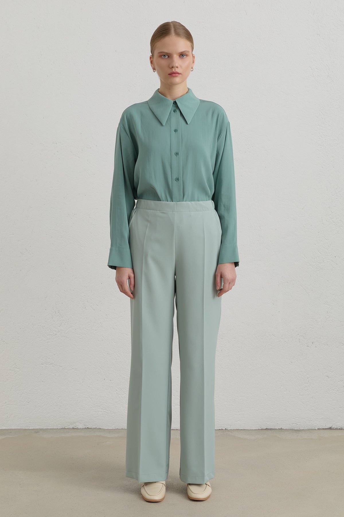 Beli Lastikli Basic Ütü İzli Pantolon - Aqua