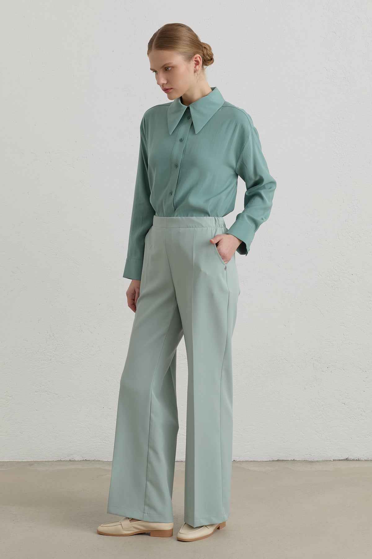 Beli Lastikli Basic Ütü İzli Pantolon - Aqua