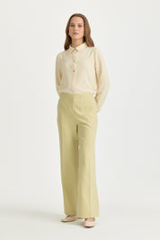 Pistachio Green Basic Viscose Trousers with Elasticated Waist and Ironed Creases