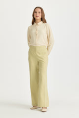 Pistachio Green Basic Viscose Trousers with Elasticated Waist and Ironed Creases