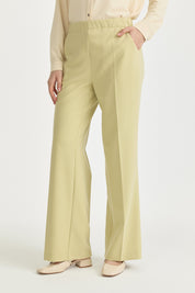 Pistachio Green Basic Viscose Trousers with Elasticated Waist and Ironed Creases