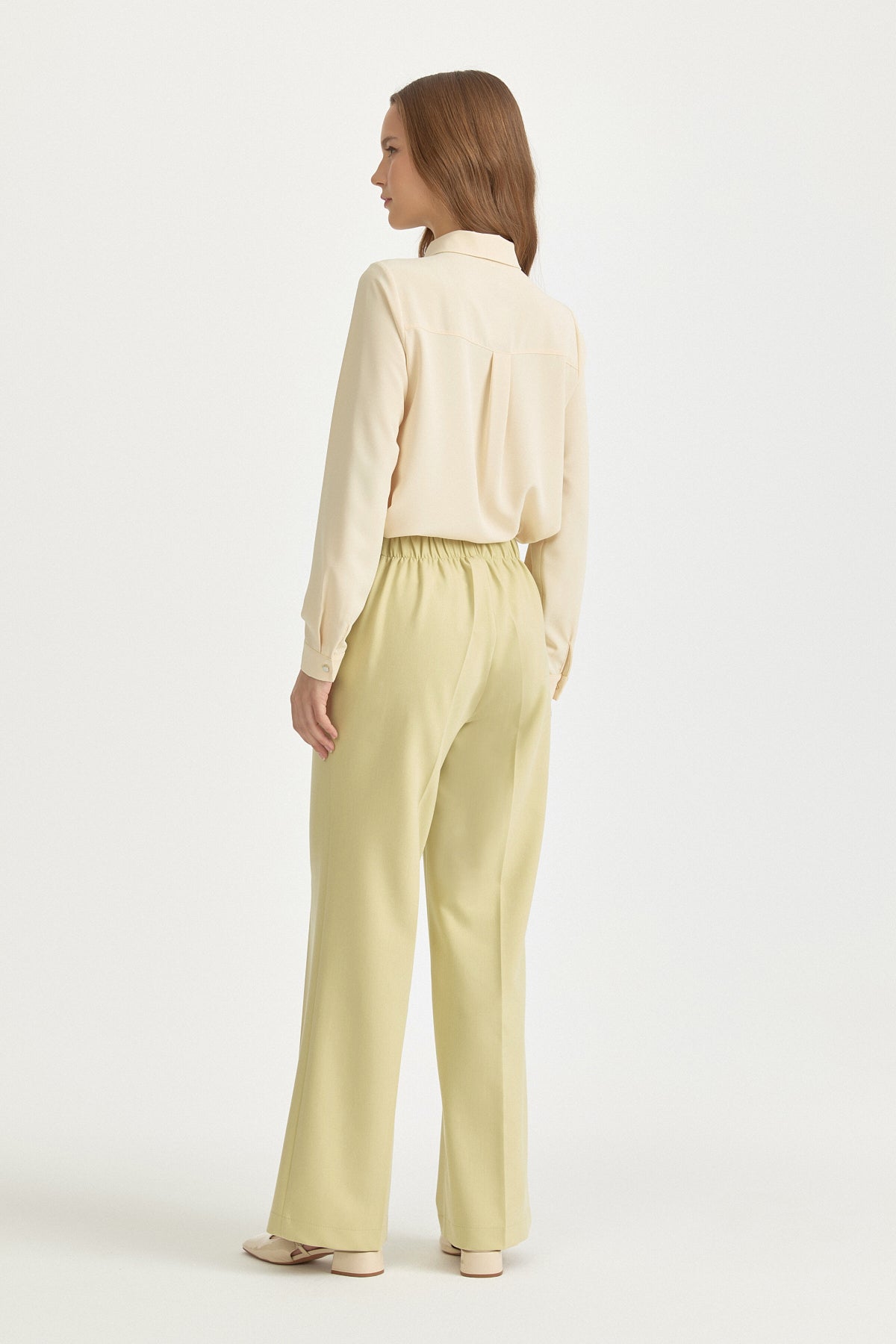 Pistachio Green Basic Viscose Trousers with Elasticated Waist and Ironed Creases